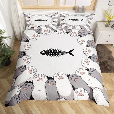 Cute Cat Paw Print Duvet Cover Kawaii Cats Bedding Set Funny Kitten Fish Comforter Cover Cartoon Animal Polyester Quilt Cover