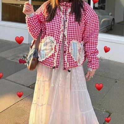 Dámská podzimní/zimní kostkovaná bavlněná bunda v evropském a americkém stylu