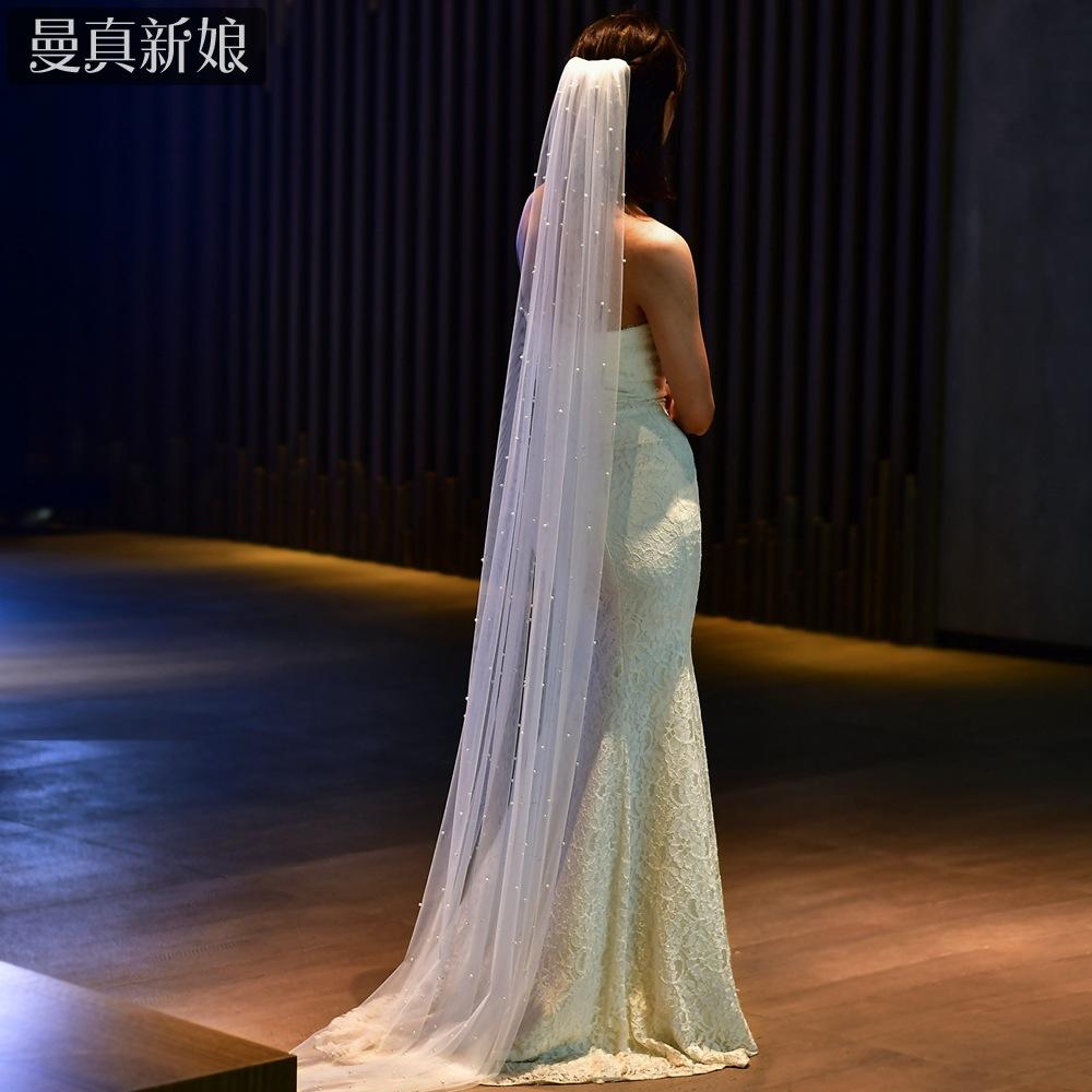 All Over Scattered Pearl Sheer Tulle Bridal Veil, Single Layer Plain Ivory Wedding Veil For Lace Satin Gown Pre-Wedding Elopement Portrait Shoot