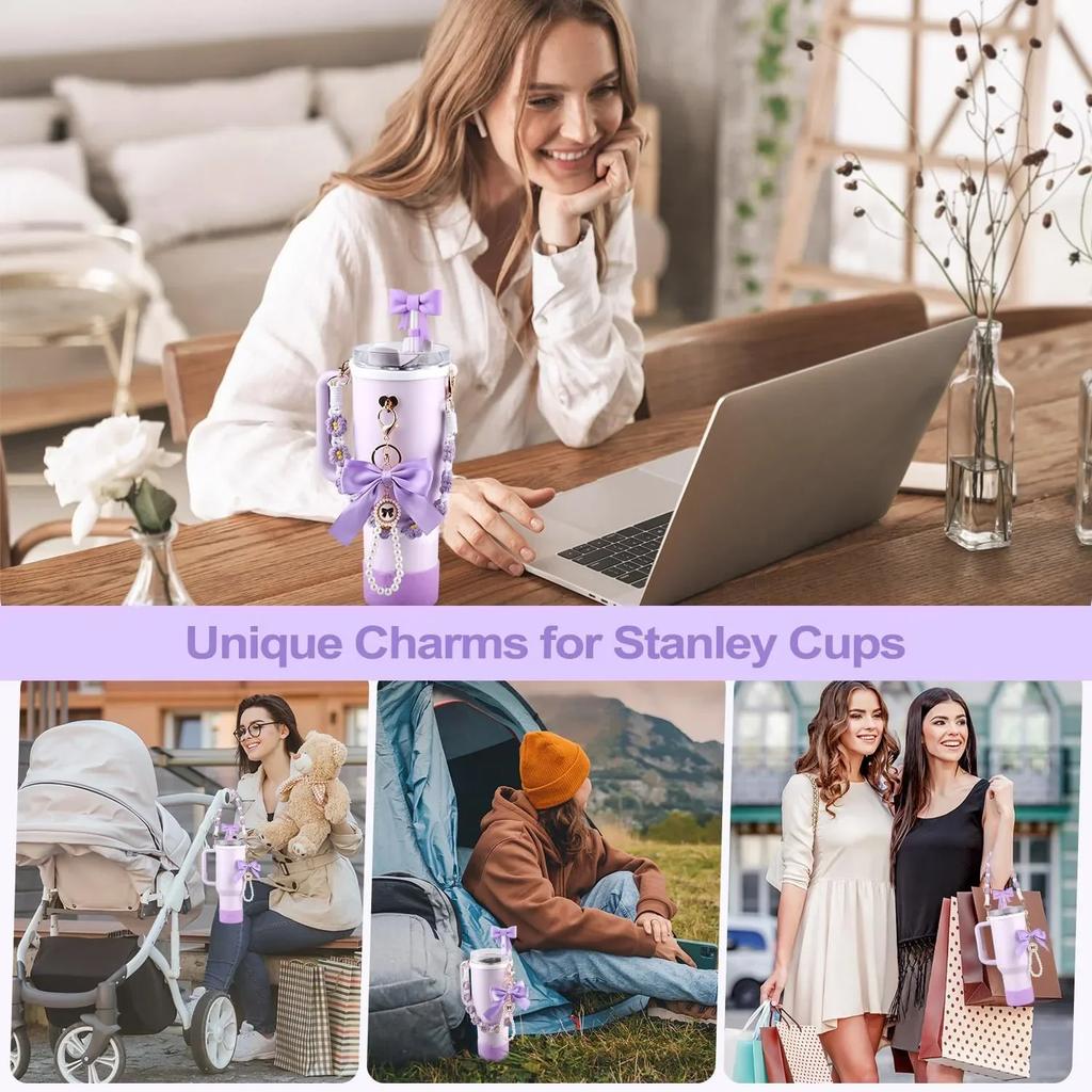 9pcs Accessories Set for Stanley Cup Water Bottle Handle Strap Boot Bow Straw Cover Pearl Charms Straw Topper 40oz 30oz Tumbler