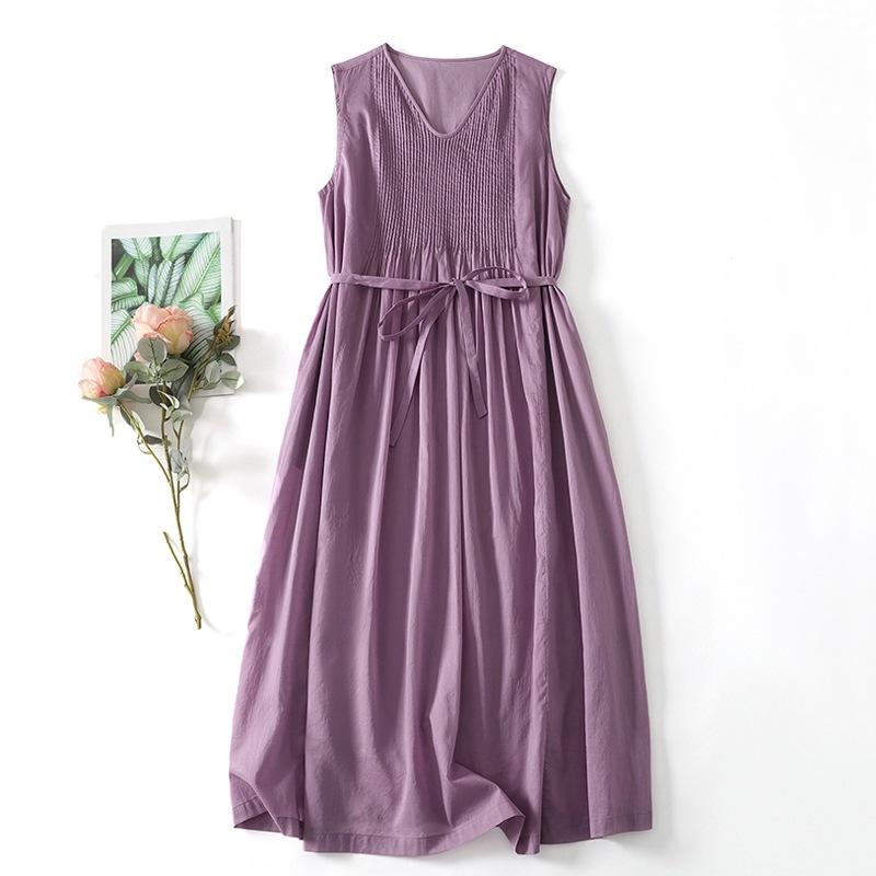 

Женское ретро-платье свободного покроя без рукавов с V-образным вырезом, плиссировкой, средней и длинной длины, с подкладкой, однотонное платье из хлопка и льна M фиолетовый
