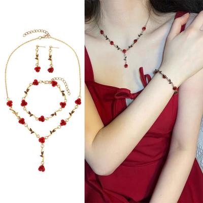 3 Teile/satz Retro Frauen Blume Schmuck Form Set Rose Hochzeit Strass Anhänger Halskette Einstellbare Ohrringe Baumeln