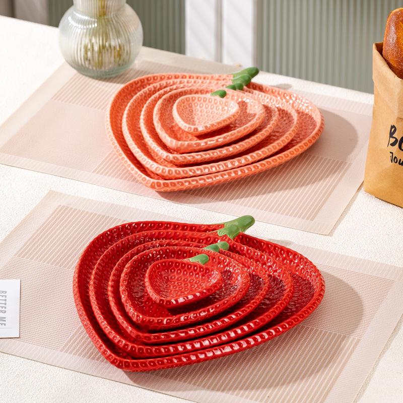 Nordic Creative Ceramic Tableware: Strawberry Design - Dinner, Soup, Steak, Dessert Plates & Two-Tier Serving Platter.