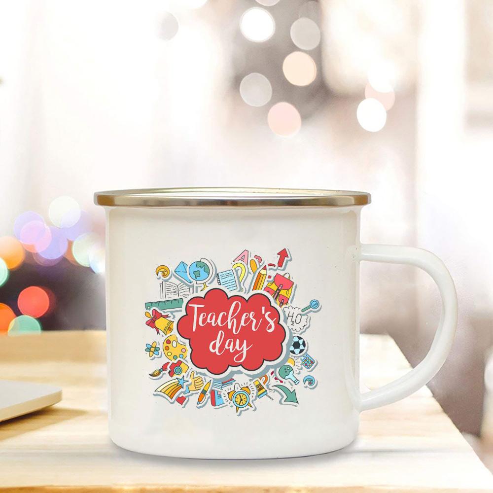 Best Teacher Ever Printed Coffee Mug White Enamel Cups Handle Cocoa Cup Home Office Drinking Mugs Teacher's Day Graduation Gifts
