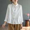Johnature Women Embroidery Floral Shirts Solid Color Turn-down Collar Long Sleeve Blouses Spring Button Shirts