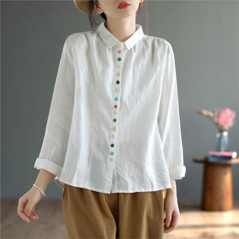 Johnature Women Embroidery Floral Shirts Solid Color Turn-down Collar Long Sleeve Blouses Spring Button Shirts