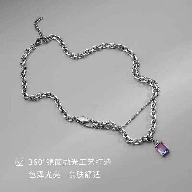 Europäische und amerikanische Farbverlauf Edelstein Doppellagige Titanstahl Halskette Nicht Verblassend Unisex Nische High-End Schlüsselbeinkette Accessoire Halskette für