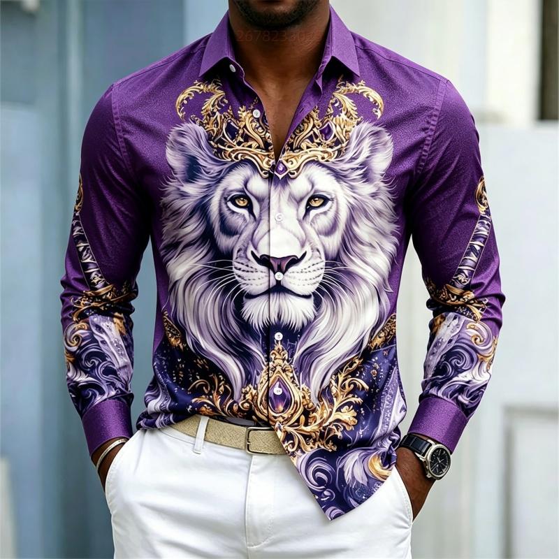 Camicia da uomo a maniche lunghe con colletto camicia Stampa Re Leone camicia business casual alla moda casual taglia grande vestibilità aderente top da uomo