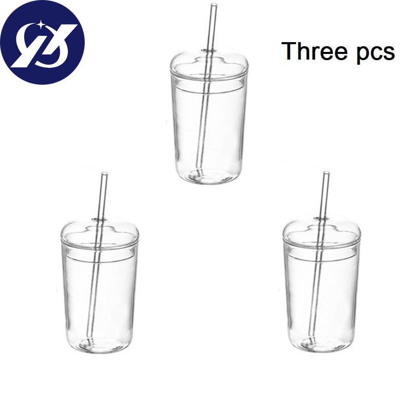 1/3 Pcs Nordic Transparent Glass Coffee Mug Heat Resistant Tea Milk Water Cup with Cover and Straw 500ml