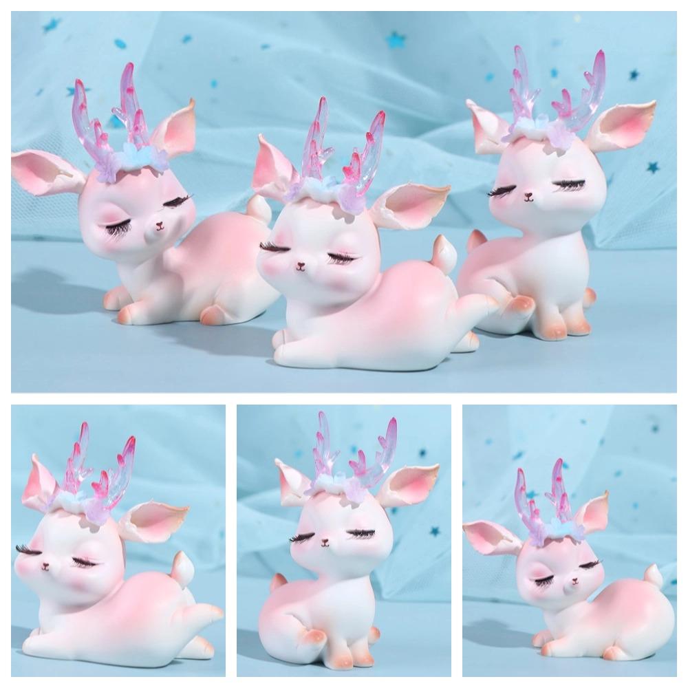 Kawaii Resin Pink Deer Ornament Cartoon Deer Birthday Cake Decor Baby Deer Doll Sculpture  Children