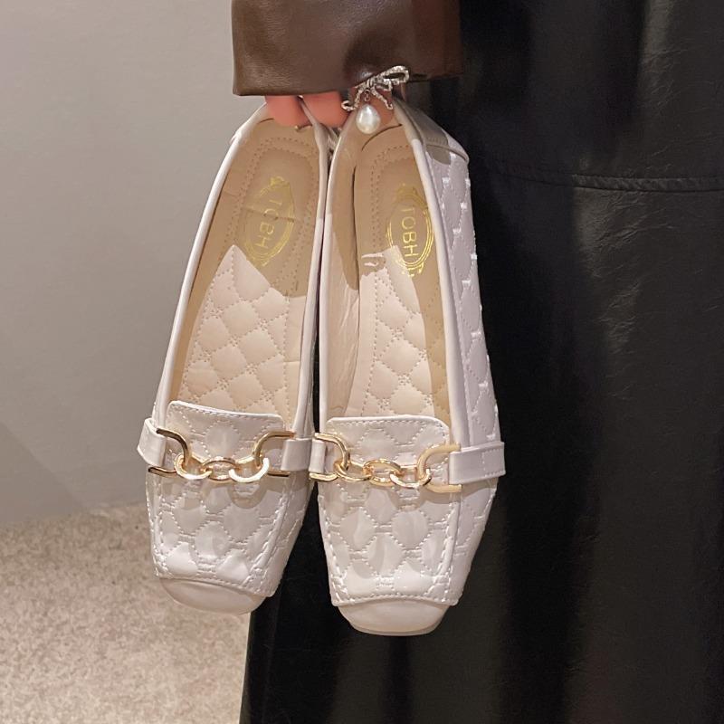 Women's Low Heel Shoes Fall New Square Head Shallow Mouth Metal Chain Soft Sole Anti-slip Wear-resistant Flat Shoes