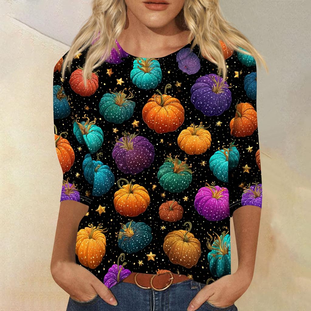 Women's Casual Three Quarter Sleeve Halloween Print Crew Neck Top Lightweight Comfortable Fit Seasonal Graphic Shirt for Everyday Wear