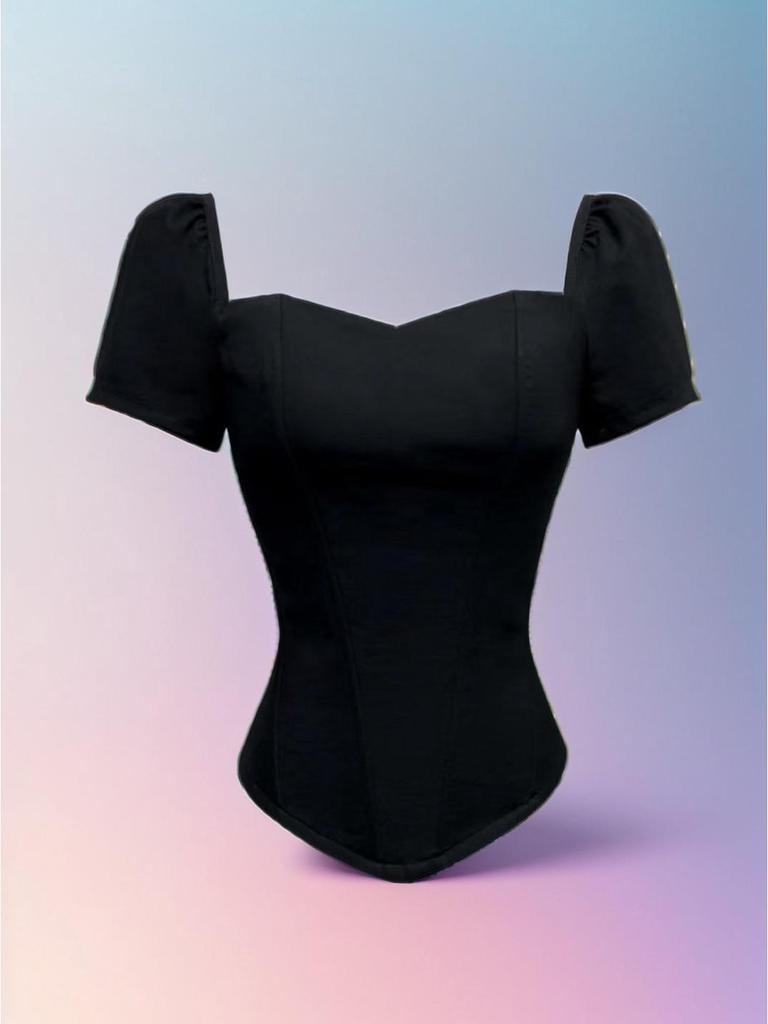 European & American Street Style Off-Shoulder Short Sleeve Bustier Top with Fishbone Corset and Padded Bandeau for Women