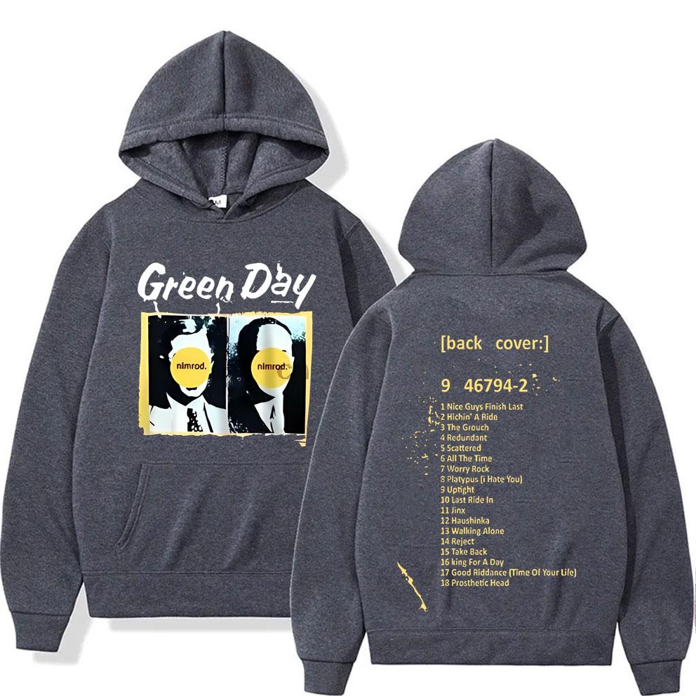 Raro Felpa con Stampa Retro Cover Album Punk Green Day Nimrod Uomo Vintage Gotico Rock Oversize Felpa Uomo Hip Hop Casual Felpe con Cappuccio