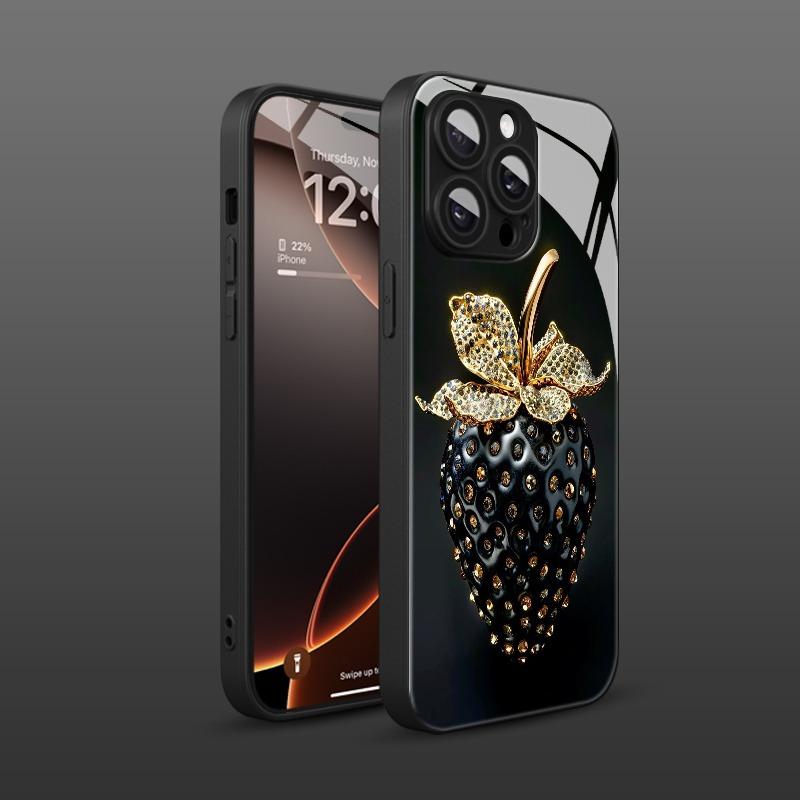 Schwarze Erdbeer-Muster Gehärtetes Glas Material Handyhülle Für iPhone 17 16 15 14 13 12 11 Pro Max Plus 16E 17Air XR XS X Hülle