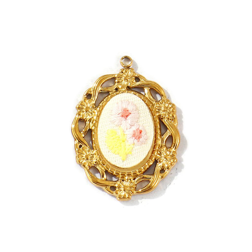 2 Pcs Oval Flower Leaf Embroidered Charms Multicolor 304 Stainless Steel Charms 18K Gold Plated Pendants For DIY Necklace Making