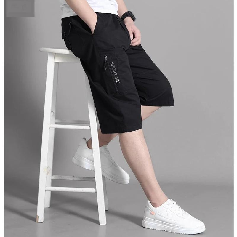 Mens Cargo Shorts Knee Pants Zipper Pocket Summer Cotton Shorts Climbing Jogger Elastic Waist Sports Wear