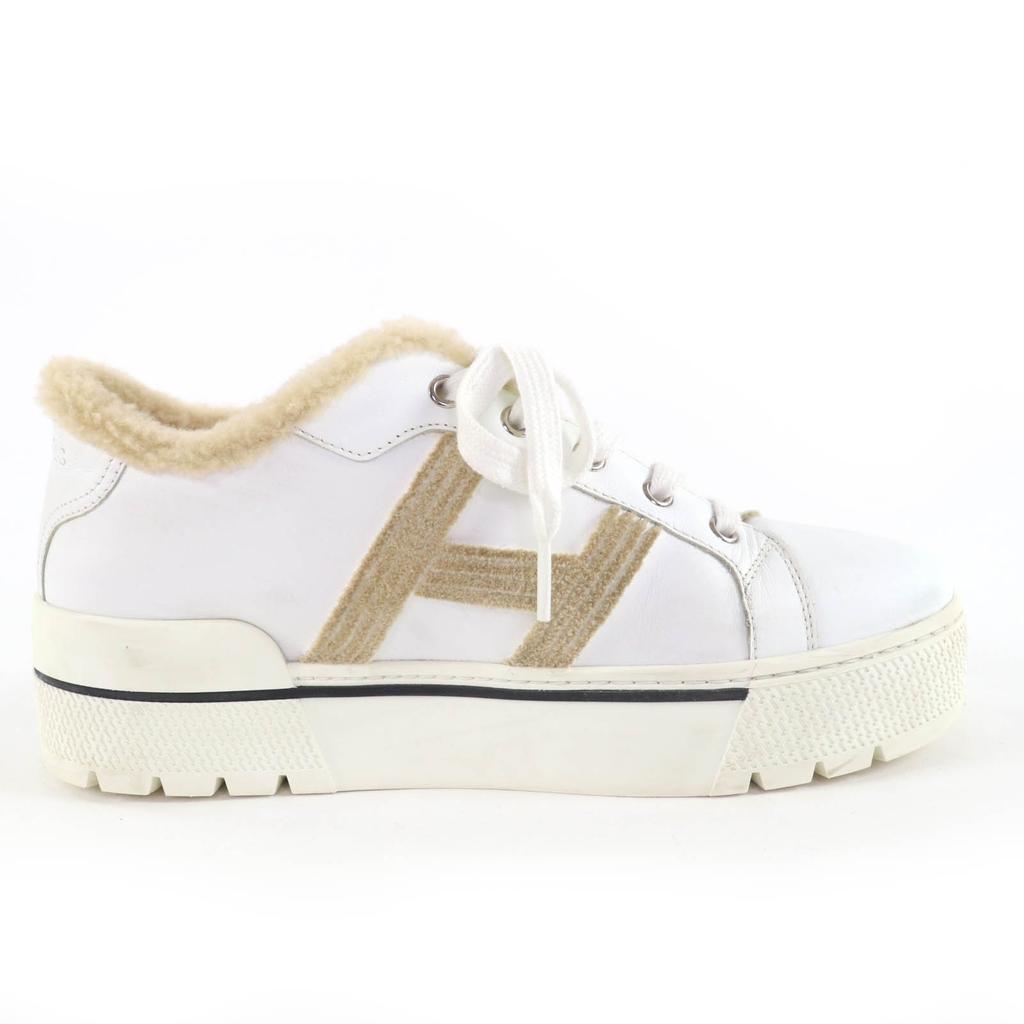 Tolle HERMES Low-Cut-Sneaker Dare H-Logo-Design Mouton-Leder Weiß beige 38 Gebraucht