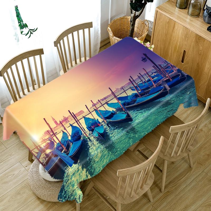 Seascape Sailing Boat Pattern Tablecloth Thicken Cotton Dustproof Rectangular Round For Wedding Picnic Party