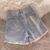 Women's Summer 2026 High Waist Beaded Lace Denim Shorts - Plus Size, Slimming, Versatile, Petite-Wide Leg