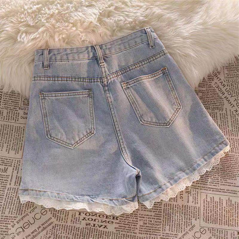 

Women s Summer 2026 High Waist Beaded Lace Denim Shorts - Plus Size, Slimming, Versatile, Petite-Wide Leg S (80-95 lbs) світло-синій колір