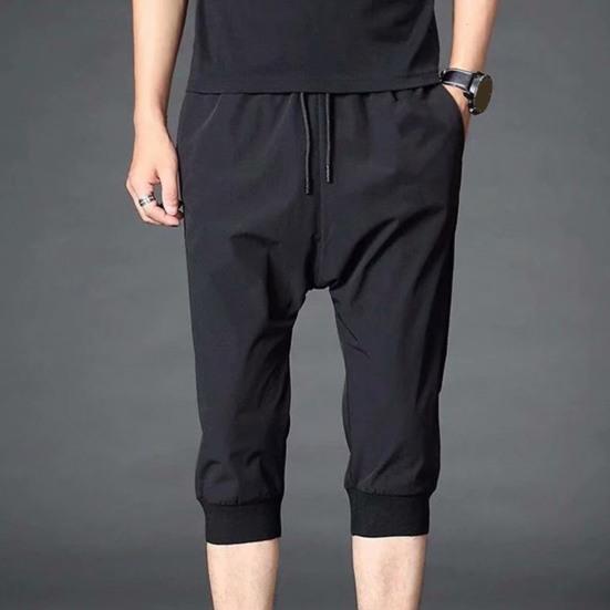 Men Sweatpants Solid Color Soft Fabric Drawstring Ankle-banded Stretchy Waist Cropped Trousers Daily Clothes
