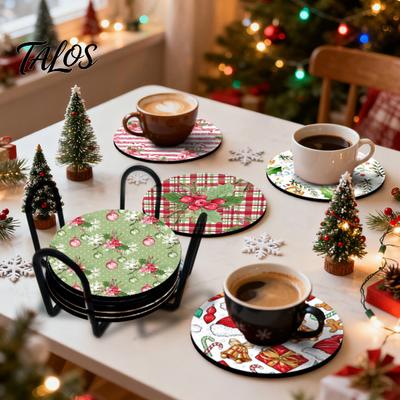 Rutschfeste Holzmatten 4/6 Stück Weihnachts-Tier-Untersetzer, Festliche Karomuster-Blumen-Runde Getränkebecher-Untersetzer Matten, Tischdekorationen für Zuhause Büro