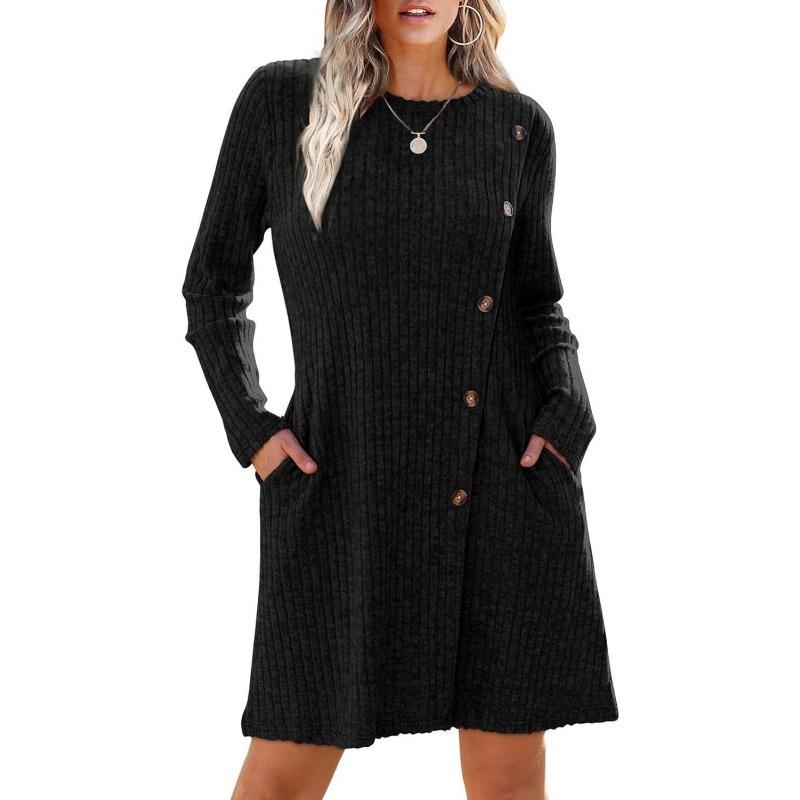 Round Neck Long-sleeve Dress with Side Button Pockets and A Cinched Waist