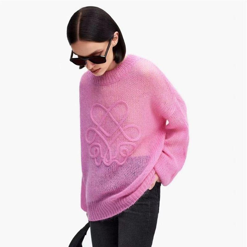 

European and American Autumn and Winter New Casual Pullover Sweater Long sleeve round Neck Over fit knit Loose Knit Sweater Pink L