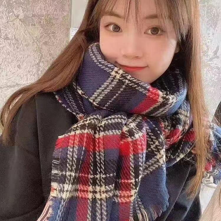 Women's Red Plaid Retro Faux Cashmere Scarf - Versatile & Warm for Autumn/Winter