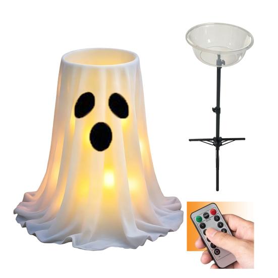 Decoração de Halloween Yousheng com Luz LED de 8 Modos com Controle Remoto, Tigela de Doces Fantasma com Suporte de Tripé, Porta-Doces Fantasma Fofo para a Frente