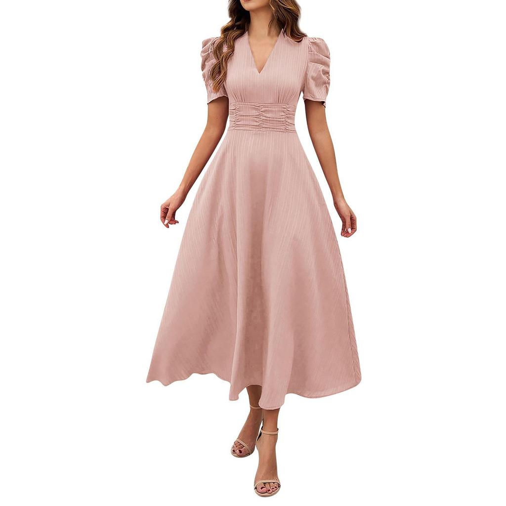 2026 Spring Summer Women's High Waist Solid Color Waist-Cinching Short Sleeve Dress
