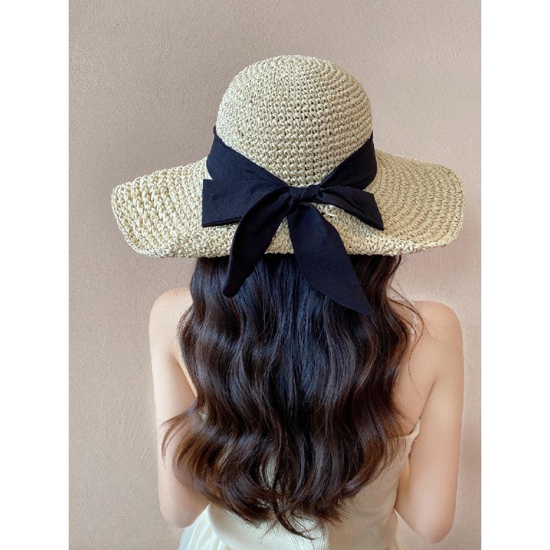 Straw Hat Female Korean Spring and Summer Seaside Beach Vacation Eaves Foldable Sun Protection Bucket Hat Bow