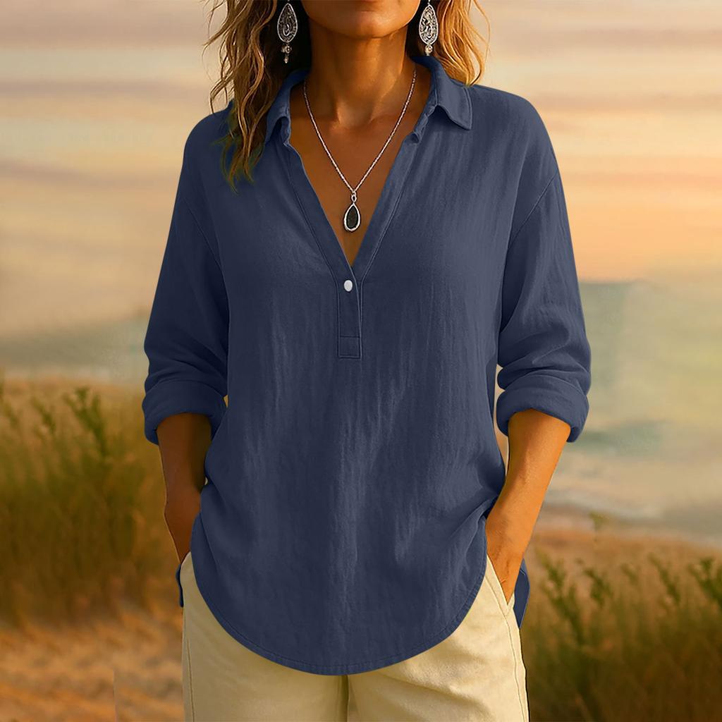 Women's Casual Fashionable Comfortable Solid Color Loose V-Neck Button-Down Long Sleeve Top Shirt