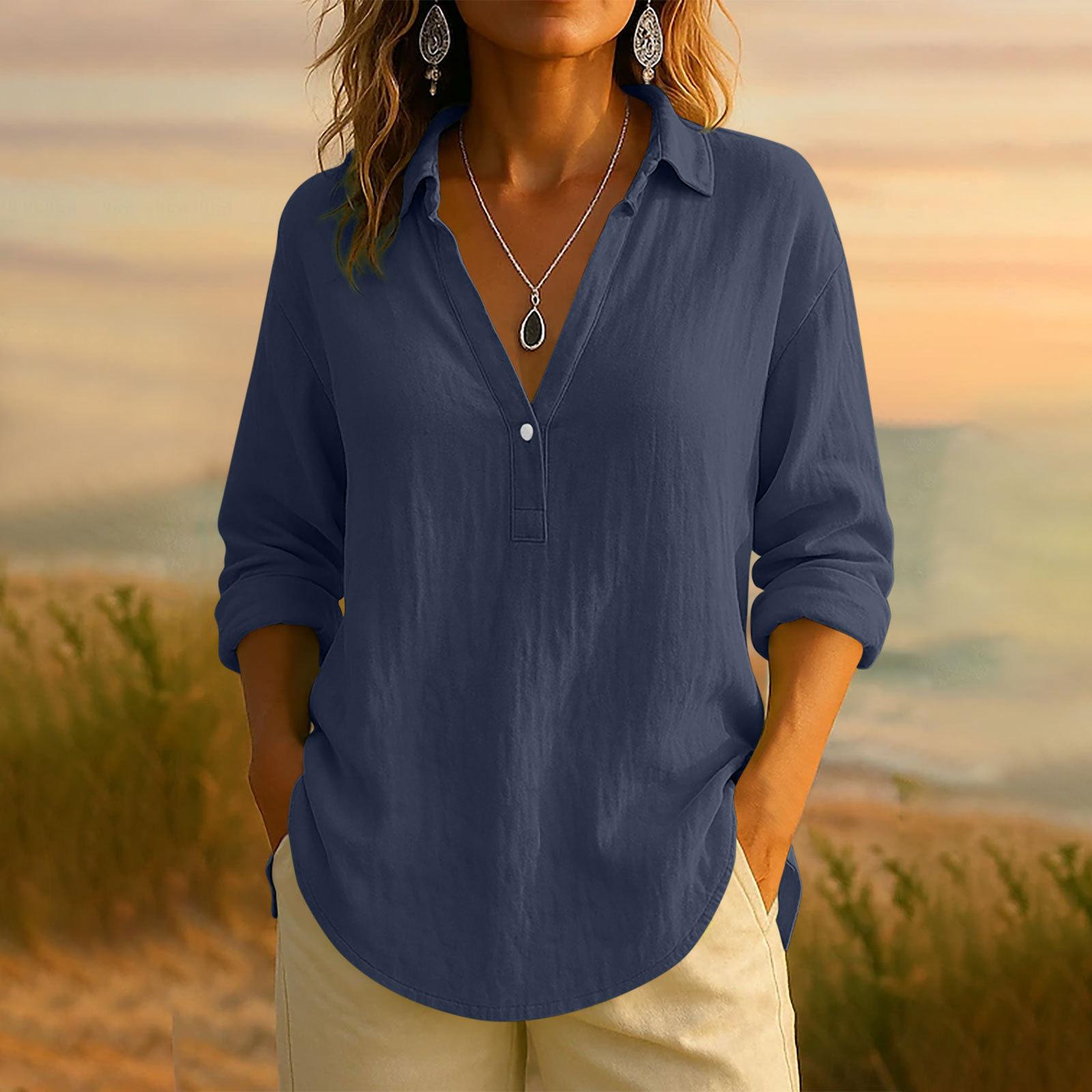 

Women s Casual Fashionable Comfortable Solid Color Loose V-Neck Button-Down Long Sleeve Top Shirt S Темно-синій