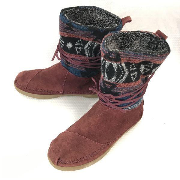 

TOMS Leather Autumn Winter Suede Boots Fleece Lining W6 23.0 Women Wine Red Shoes(USED)