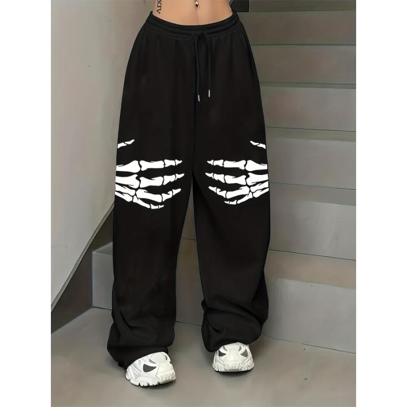 Women's Skull Handprint Print Fleece Sweatpants for Autumn and Winter Warm Casual Loose Stylish and Versatile Streetwear Trendy