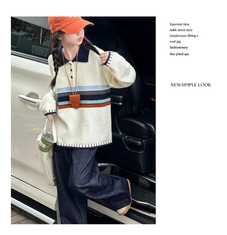 Girls' 2025 Colorblock Polo Sweater: Trendy Knitted Top for Big Kids in Korean Style
