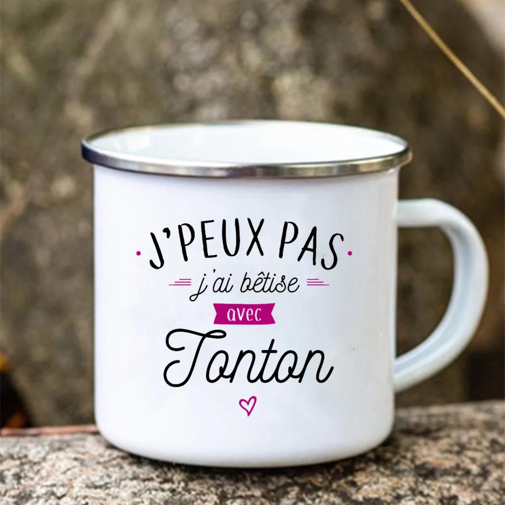 Super Tonton Papy Printed Funny Enamel Creative Coffee Cups Camping Mugs Handle Drinkware Vacation Mug Father's Day Best Gifts