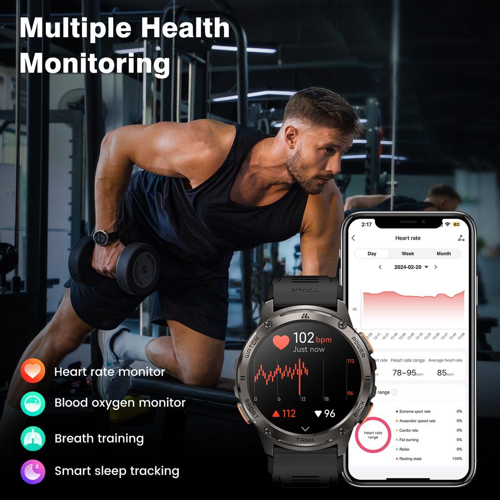 Original KOSPET TANK T3 Smart Watch For Men Military Smartwatch Women Digital Fitness Watches  AI Voice AOD Bluetooth