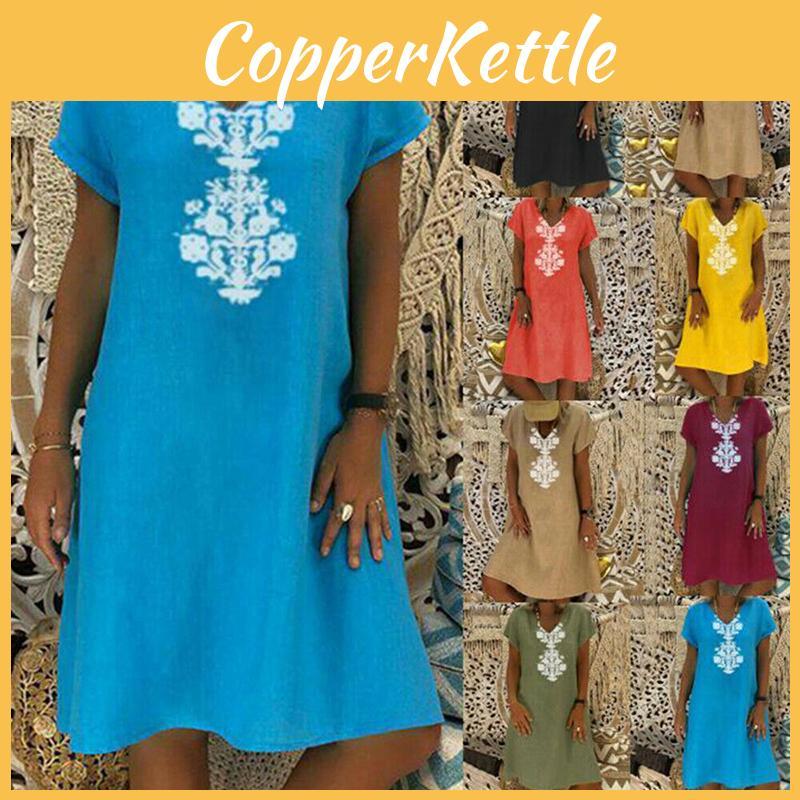 Versatile Women's Baggy Loose Short Sleeve V-neck Linen Kaftan Madi Dress Perfect For Daily Wear And Beach Outings