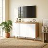 Sideboard Storage Cabinet, Kitchen Cupboard with 3 Doors, 2 Adjustable Shelves and 5 Rubberwood Legs, White and Oak