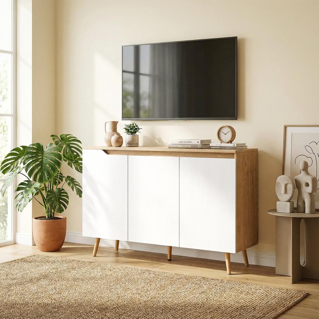Sideboard Storage Cabinet, Kitchen Cupboard with 3 Doors, 2 Adjustable Shelves and 5 Rubberwood Legs, White and Oak