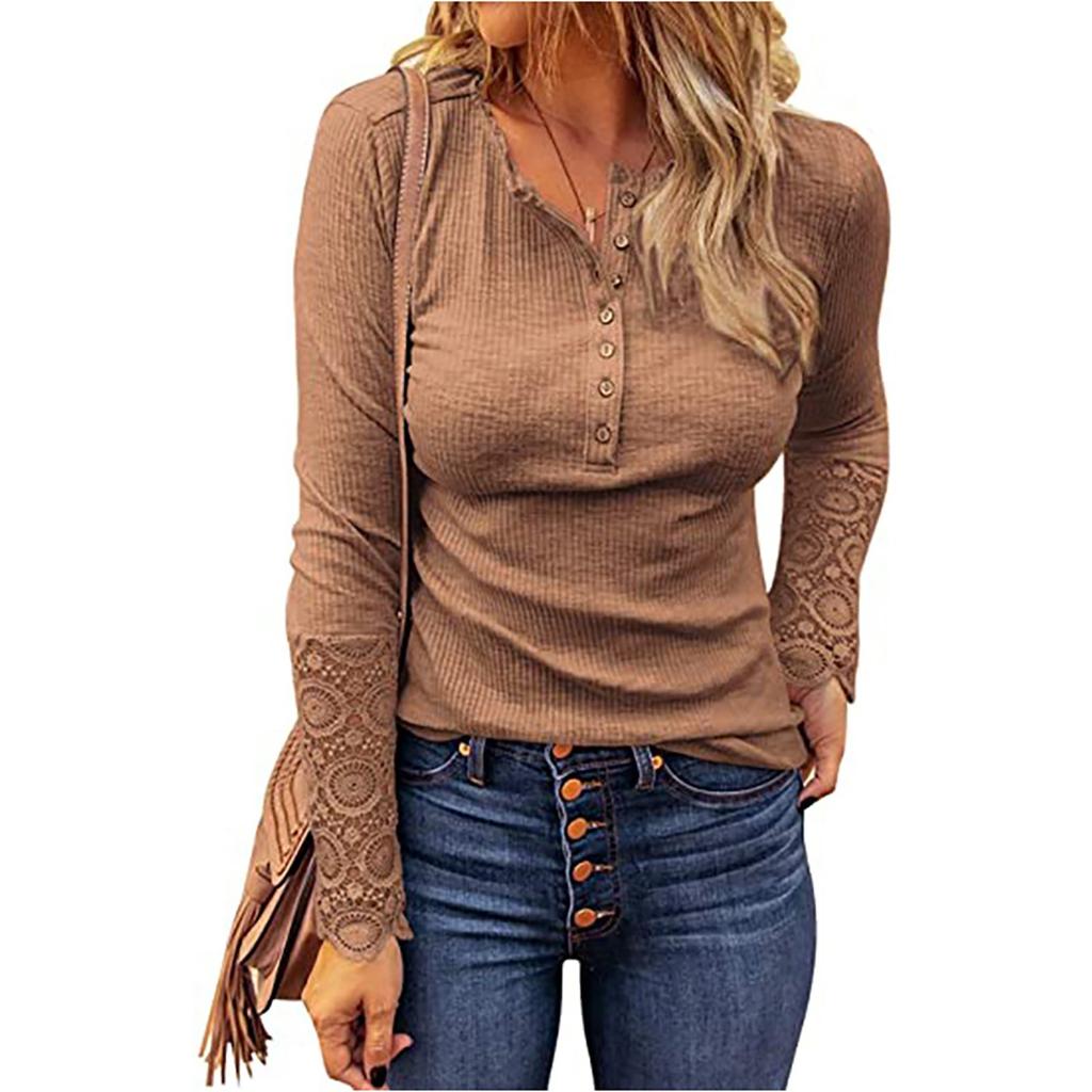 Ladies Casual Solid Color  Strip Solid Color Slim Fit Round Neck Stitching Lace Sleeve T-Shirt