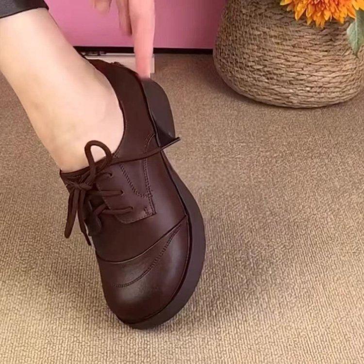 Round head thick heel loafers women's 2025 autumn new lace-up British style small leather shoes popular medium heel black single shoes