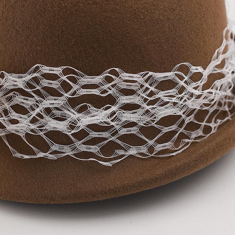 French Celebrity Mesh Ribbon Lampshade Hat Women's Autumn and Winter Wool Top Hat Thousand Gold Bow Basin Hat High Quality Tide