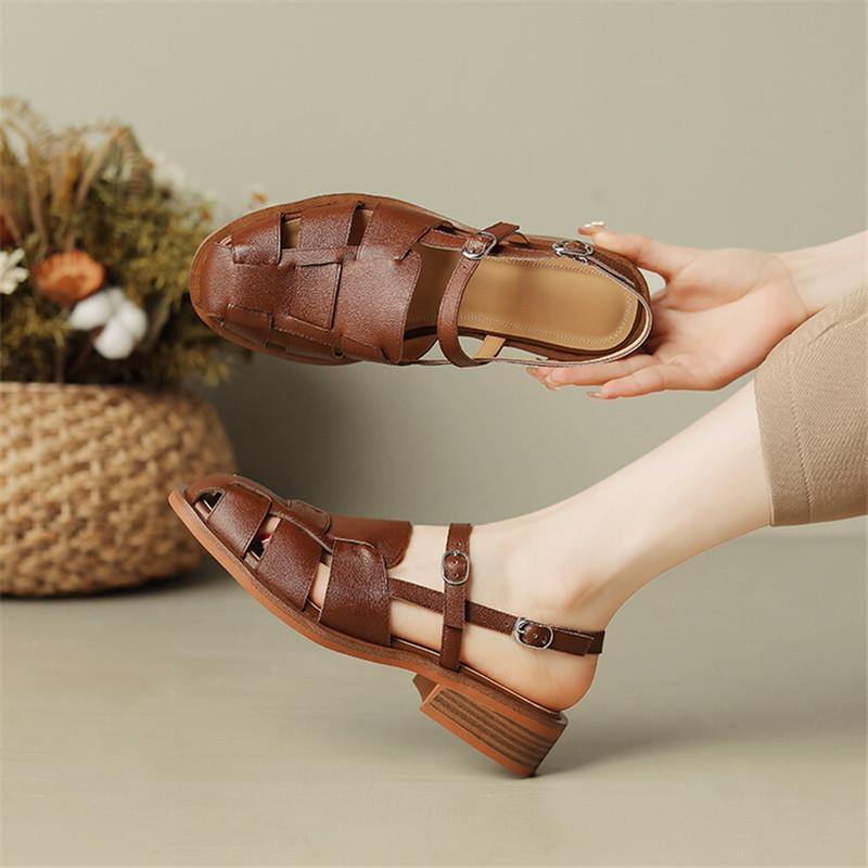 Fashion 2025 Summer Sandals Cowhide Round Toe Women Sandals Chunky Heel Women Shoes Cover Toe Shoes for Women Hollow Out Roman Shoes