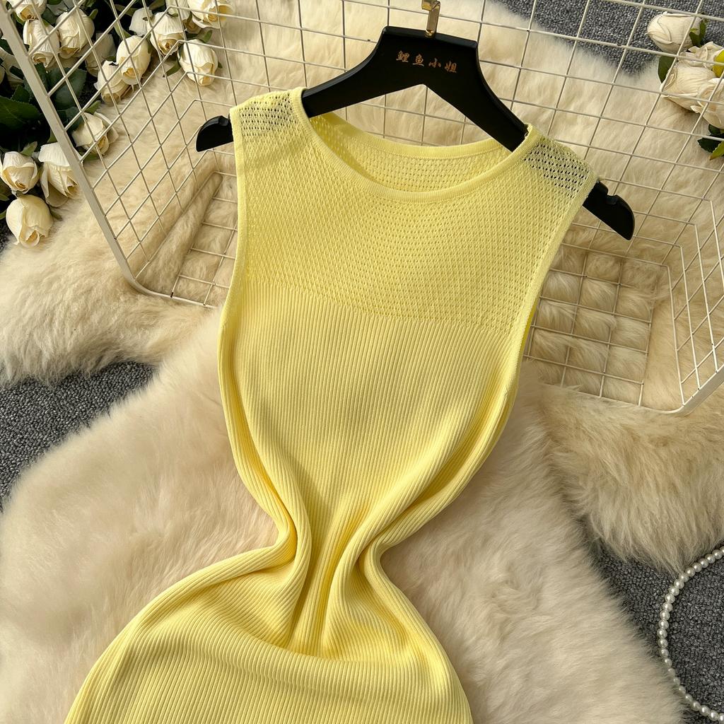Summer Women Casual O-neck Sleeveless Hollow Out Knitted Sweater Slim Bodycon Fishtail Dresses