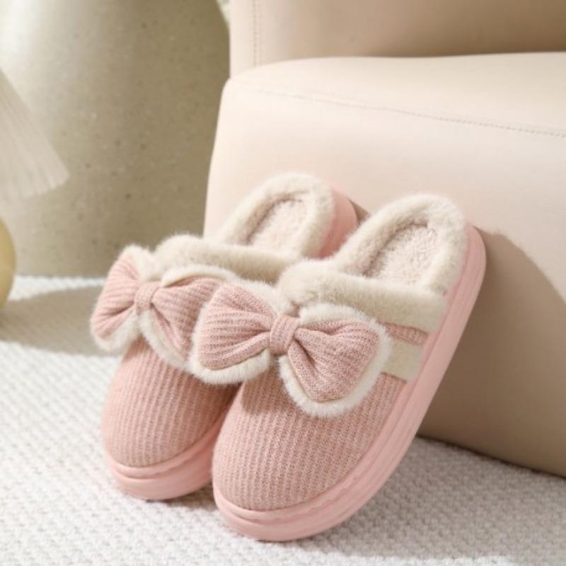 Autumn and Winter Step On Non-slip Cotton Indoor Bow Shit Outer Wear Home Cotton Couple Slippers Women's Plush Non-slip Warm
