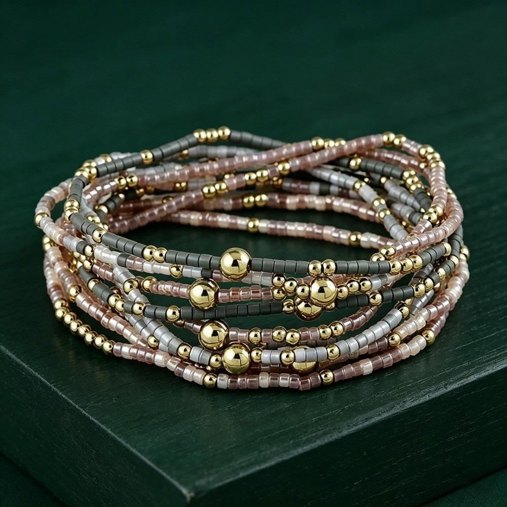 9pcs Set Multi-Layer Handmade Bracelet Set Elastic Bead Bangle Set Women Daily Wear